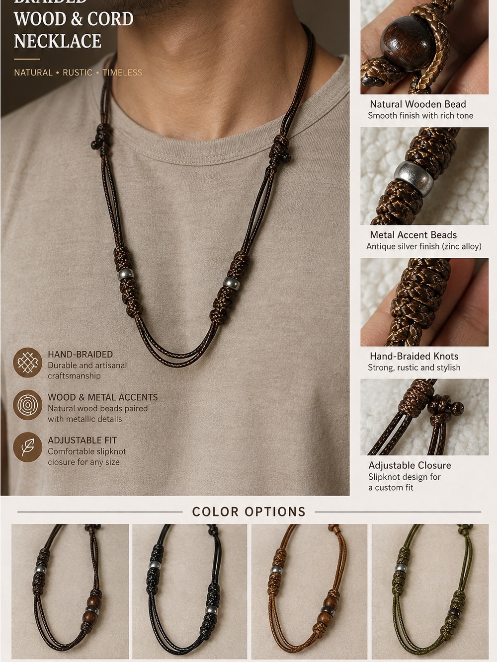 Hand-Braided Wooden Bead Cord Necklace - Brown